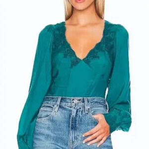 Free People Janelle Lace Green Long Sleeve Top Romantic Corset Style 
Size:S